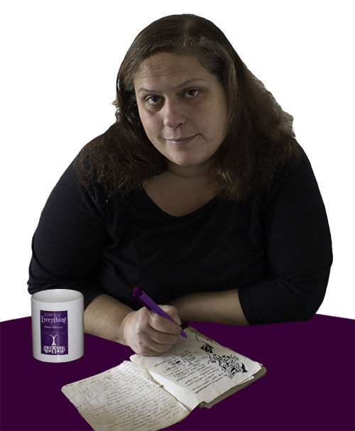 Helen sitting with pen in hand and a notebook